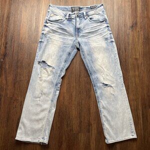 Buckle Salvage Supply Mayhem Bootcut Jeans 34x30 Light Blue Stretch Flap Pocket